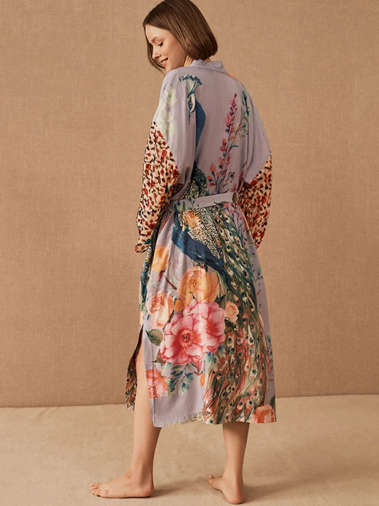 Beach Kimono for Women Peocock Printed Swimsuit Cover Up Self Belted Wrap Dresses Seaside Bathing Suits Beachwear - Sun Studio