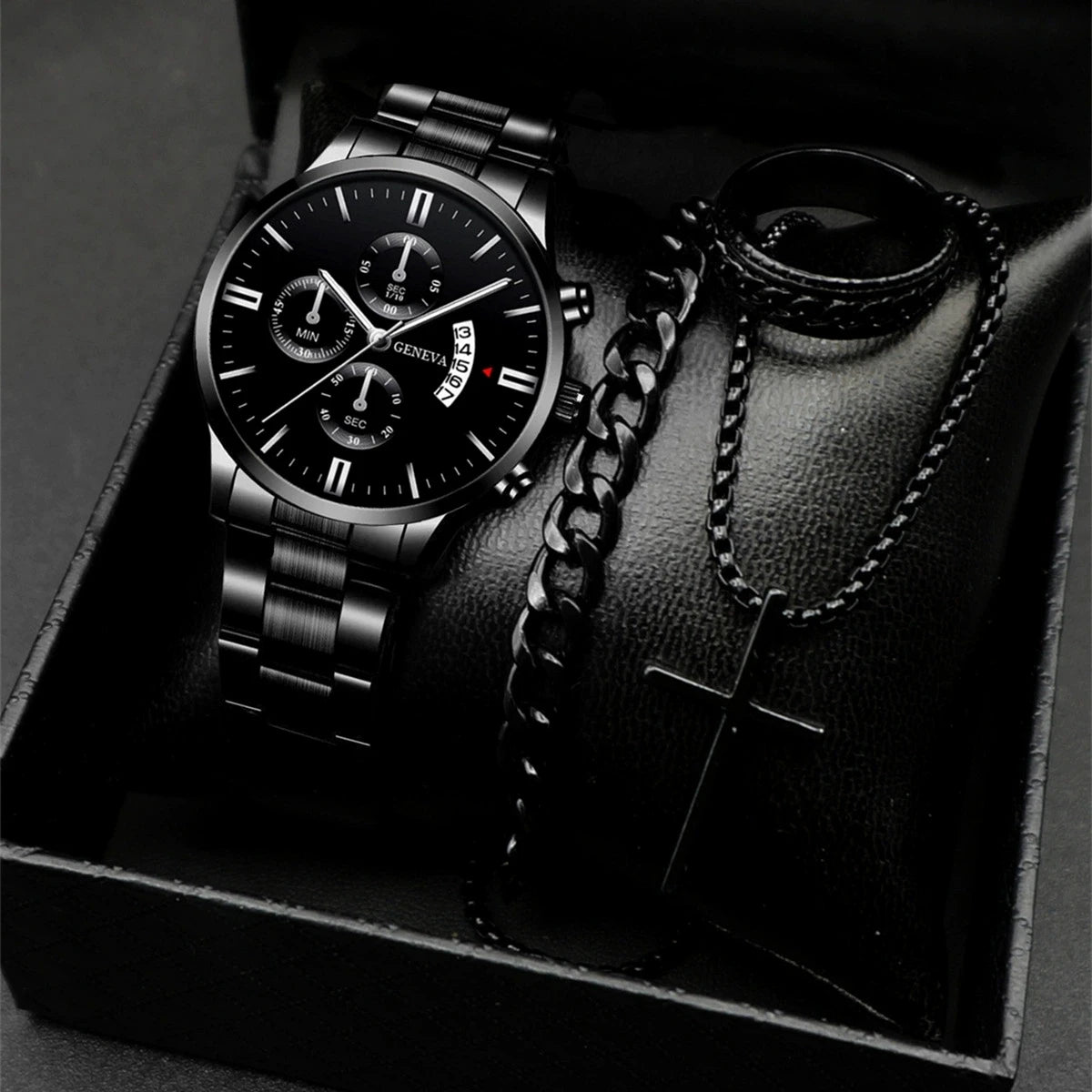 4PCS/Set Fashion Men's Watch Casual Gold Steel Band Analog Male Quartz Watches Jewelry Set（Without Box） - Sun Studio