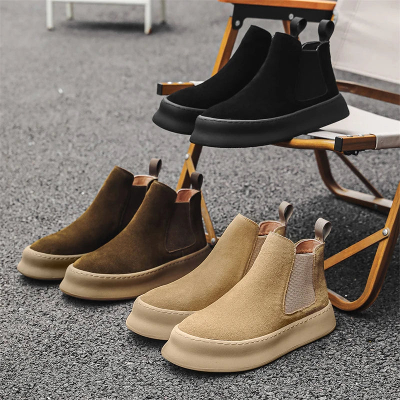Fashion Brand Men Genuine Leather Mid Top Boots with British Style Autumn Winter Men Anti Slip and Wear-resistant Chelsea Boots - Sun Studio