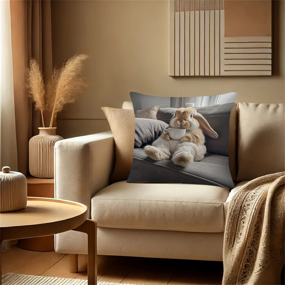 Adorable Bunny with Coffee Cup Print Pillowcase - Home Decor, Perfect for Living Room and Bedroom, Ideal Gift for Animal Lovers - Sun Studio