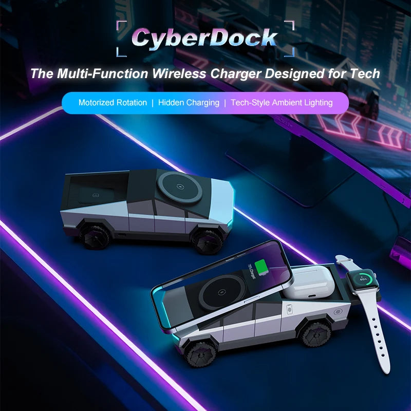 New Cybertruck Multifunctional 3-in-1 Wireless Charger Desktop Qi2 Charger for IPhone (15W),Iwatch (5W), Airpods (2.5W) Charging - Sun Studio