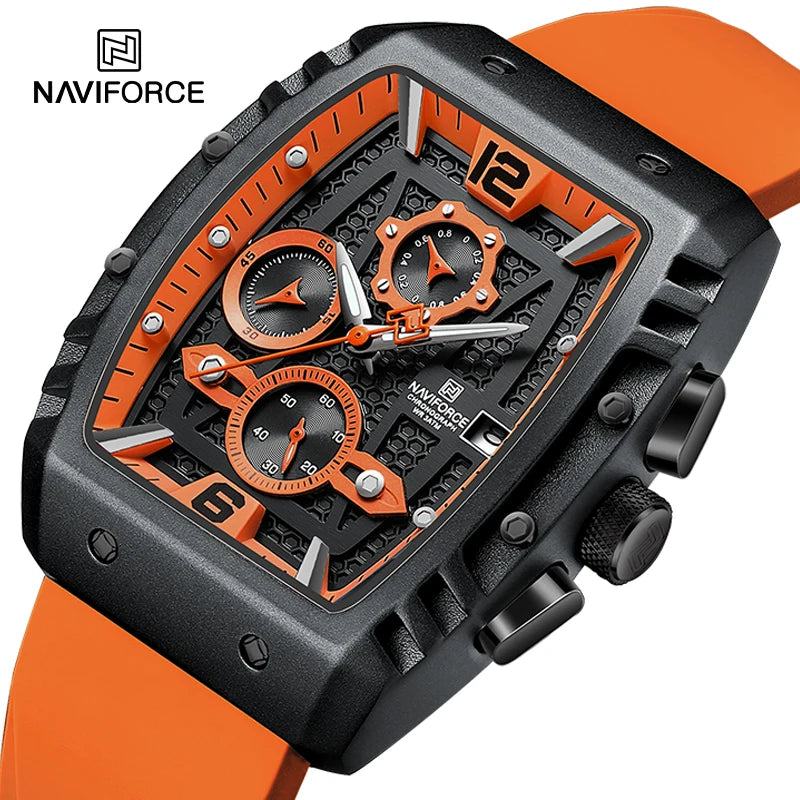 NAVIFORCE Creative Barrel-Shaped Dial Men Watches Fumed Silica Strap Waterproof Quartz Chronograph Date Display Male Wrist Watch - Sun Studio