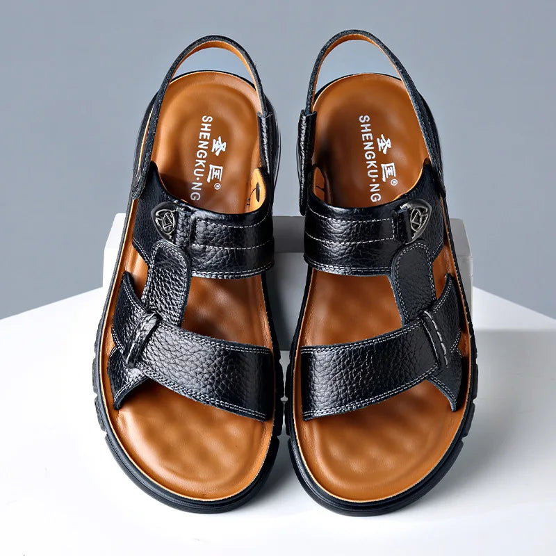 Big Size 49 50 Men's Sandals Summer Leather Shoes Man Slippers Non-slip Bottom Casual Business Beach Shoes for Men 2025 Summer - Sun Studio