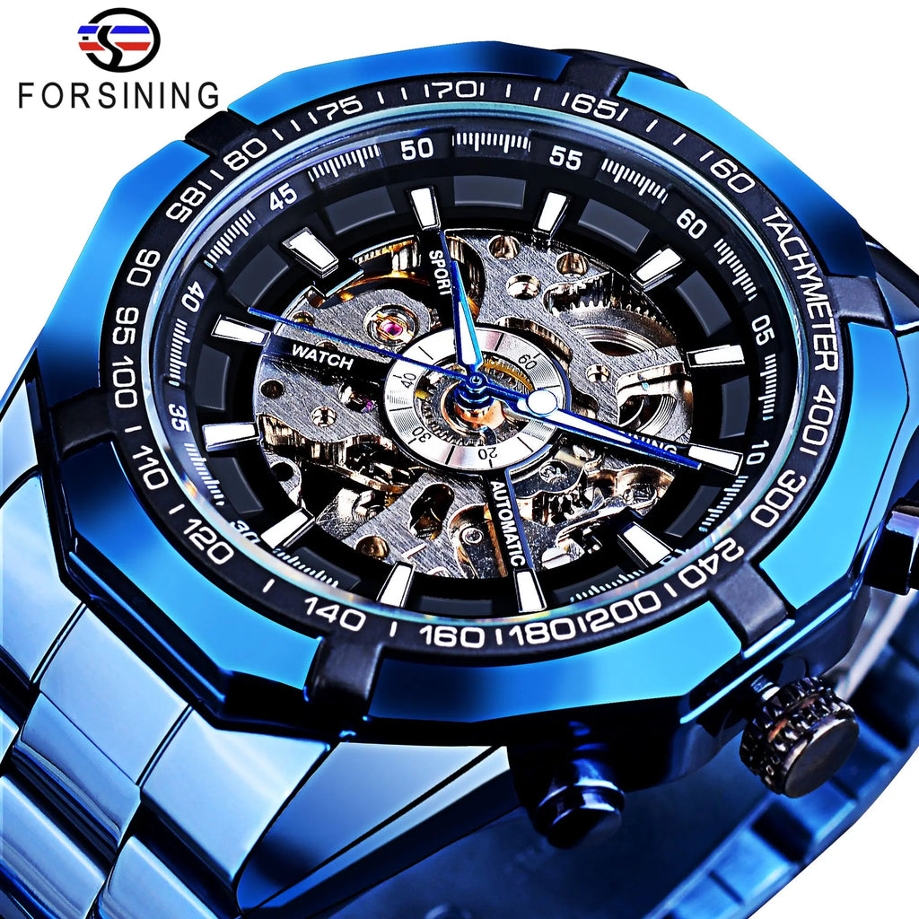 Forsining 2021 Stainless Steel Waterproof Mens Skeleton Watches Top Brand Luxury Transparent Mechanical Sport Male Wrist Watches - Sun Studio