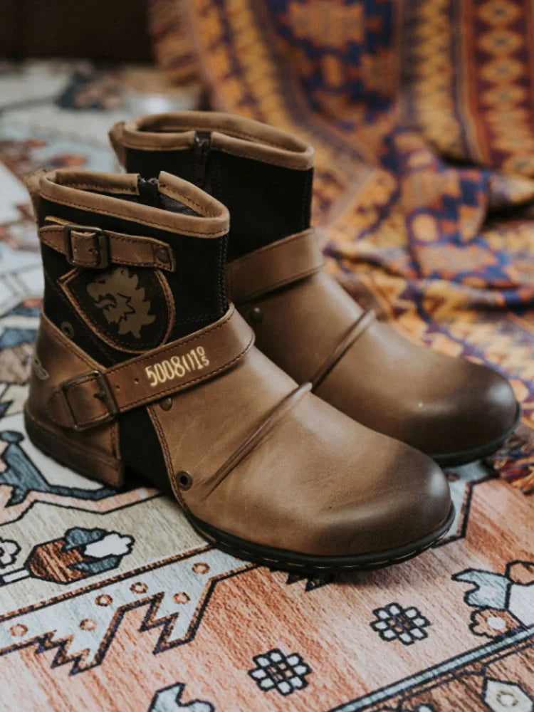 Men's Ankle Boots High Quality Cowboy Boots Men Metal Buckle Side Zipper Motorcycle Boots Gothic Boots Retro Western Boots - Sun Studio