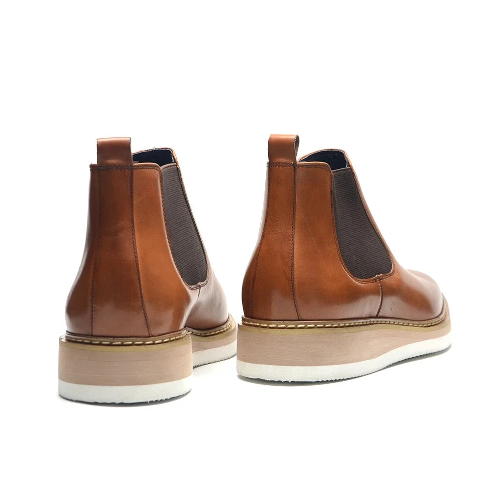 British Style Cow Genuine Leather Men's Chelsea Ankle Boots Slip-on Elastic Band High Top Sneakers Casual Dress Boot for Men