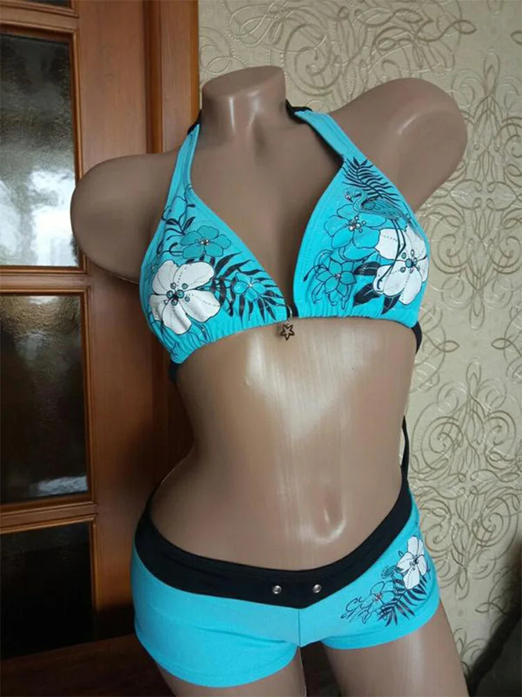 Vintage Flower print Cutie set Bikini 2000s Swimsuit Sexy Women Bathing Fashion Halter Strap Swimwear High Street Beach Female - Sun Studio