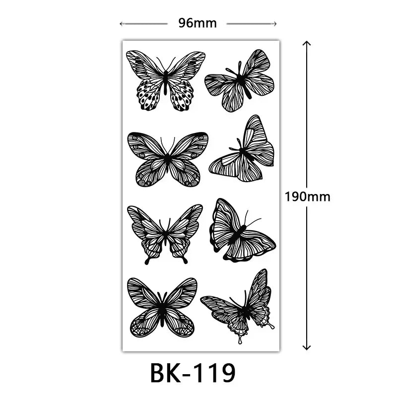 Rose Blossom Tattoo Temporary Waterproof Butterfly Fake Tattoo for Woman Black Flower Sketch Tattoo Sticker
