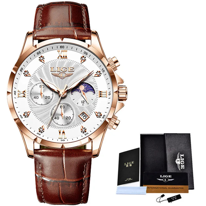 LIGE New Quartz Watches for Men Top Brand Luxury Leather Fashion Military Watch Men Sport Waterproof Chronograph Montre Homme - Sun Studio