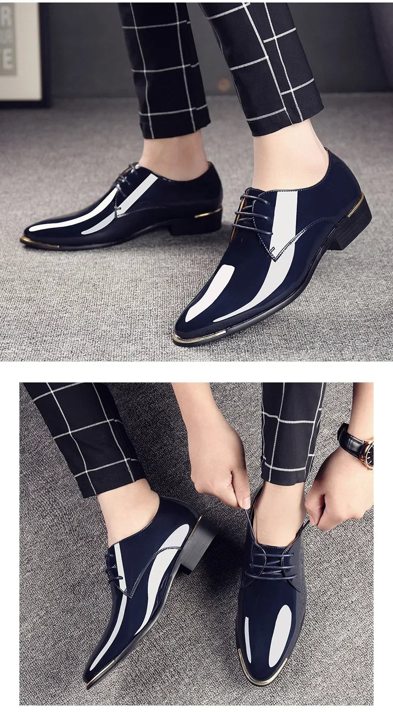 2024 New Men’s Patent Leather Shoes  British Style Men's Dress Shoes Lace Up Pointed Toe Wedding Business Party Social Shoe Male - Sun Studio