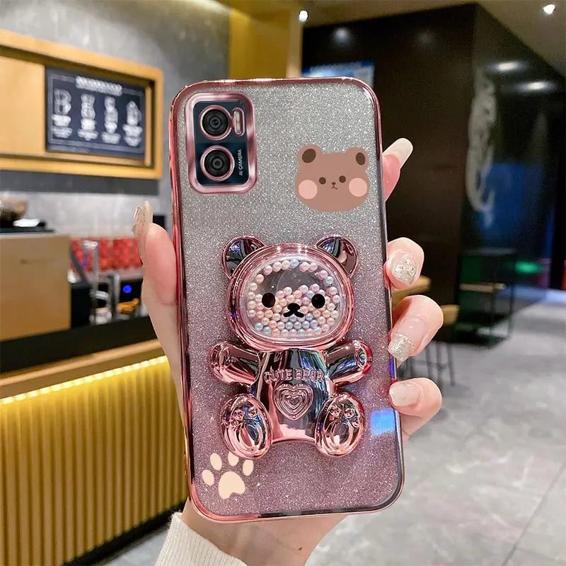 E 7 E 13 Glitter Bling Bear Phone Holder Case On For Motorola Moto E7 Plus Power E13 E20 E22 E22i E32 EDGE 20 30 Stand Cover - Sun Studio