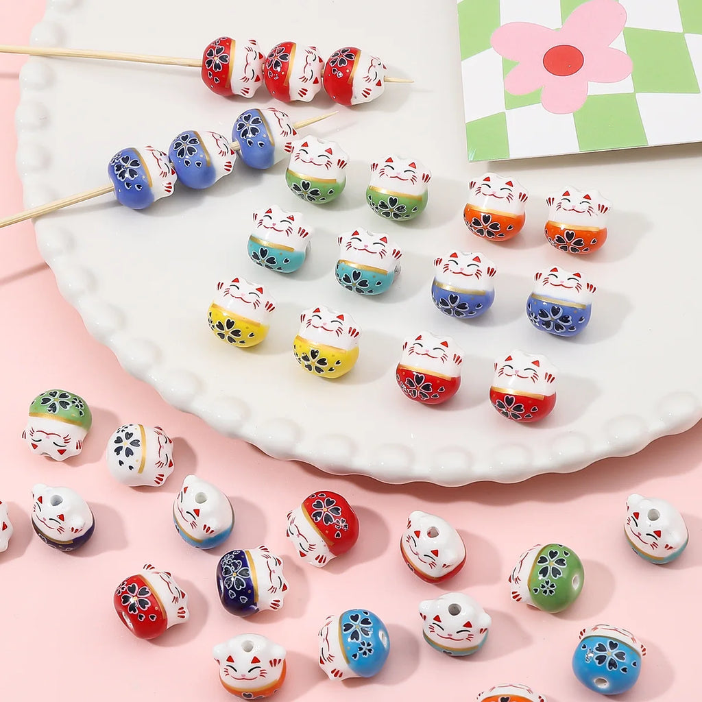 10Pcs 13X14MM Chinese Cute Animal Lucky Cat Vertical Hole Ceramic Beads For Home Decor DIY Accessories Hand-knitted Bracelet - Sun Studio