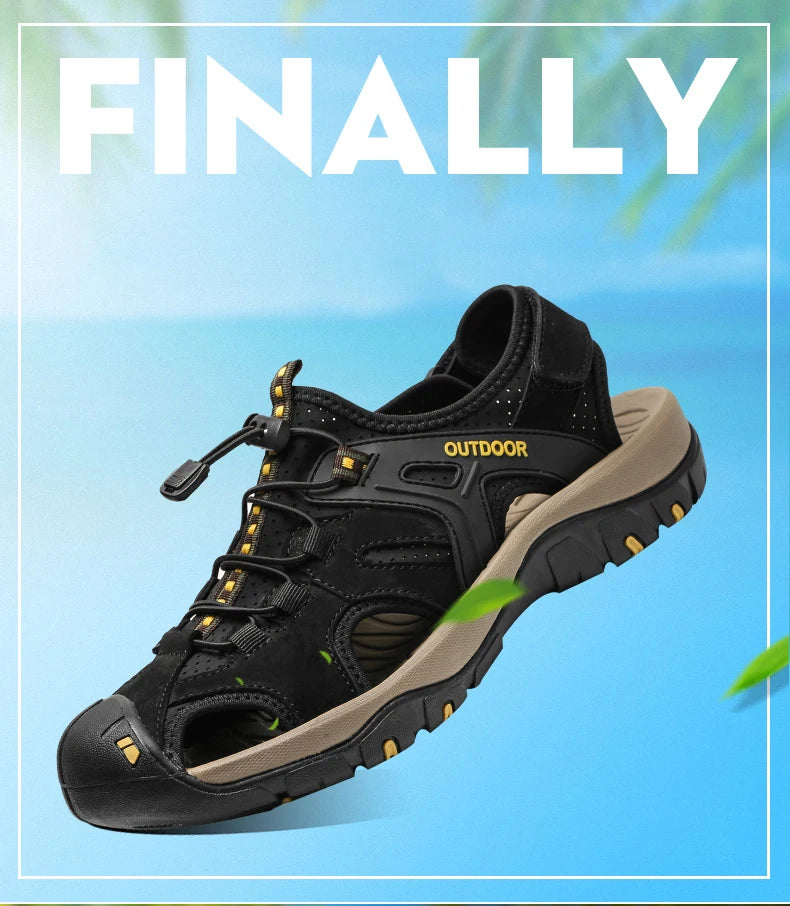 Men's Sandals Top Cowhide Upper Hollow Out Round Toe Outdoor Beach Walking Non Slip Durable Summer Beach Shoes Adjustable Buckle - Sun Studio