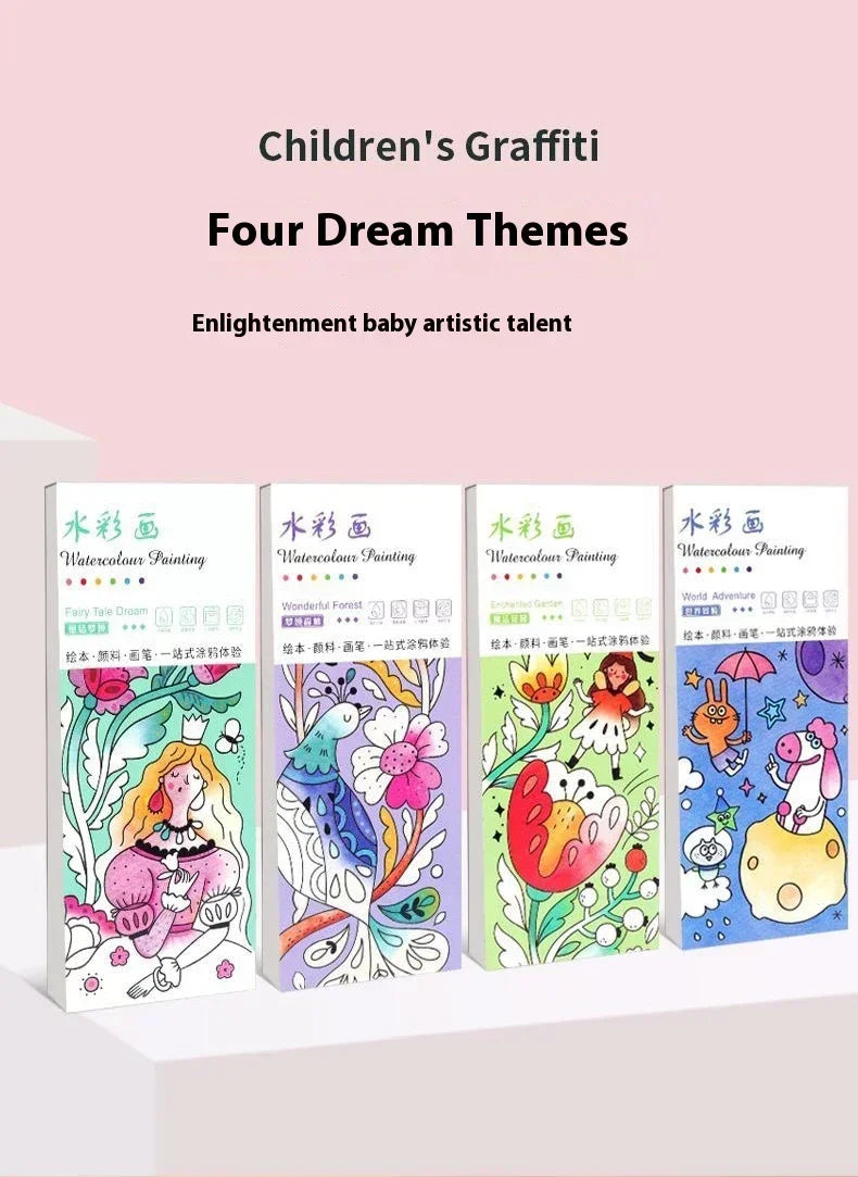 1PC Children's Watercolor Coloring Book Kids Adult Watercolour Coloring Paper With Water Paint Pens Girls Student Birthday Gift - Sun Studio