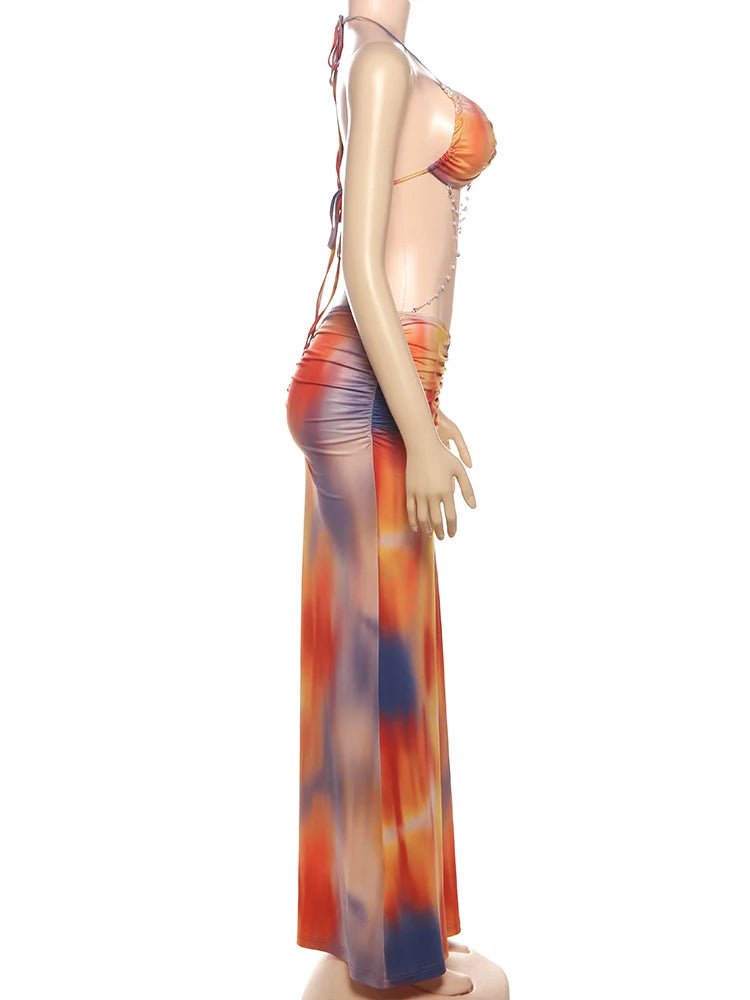 kliou Pearl Splice Stunning Dresses Women Sexy Tie Dye Tassel Bandage Hollow Shirring Maxi Bodycon Lady Vacation Party Vestidos - Sun Studio