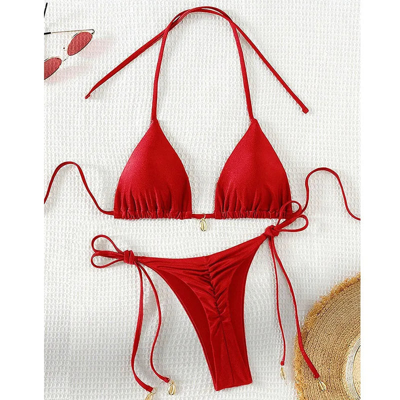 2 Pcs/Set Bikini Set Sexy Bikinis 2025 Bathing Suit Solid Color Halter Neck Strap Thong Women Swimsuit Set for Beach Swimwear - Sun Studio