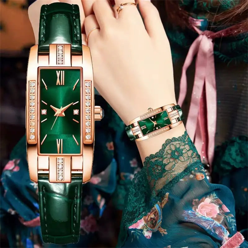 Womens Watches Fashion Square Ladies Quartz Watch Bracelet Set Green Dial Simple Leather Luxury Women Watches - Sun Studio