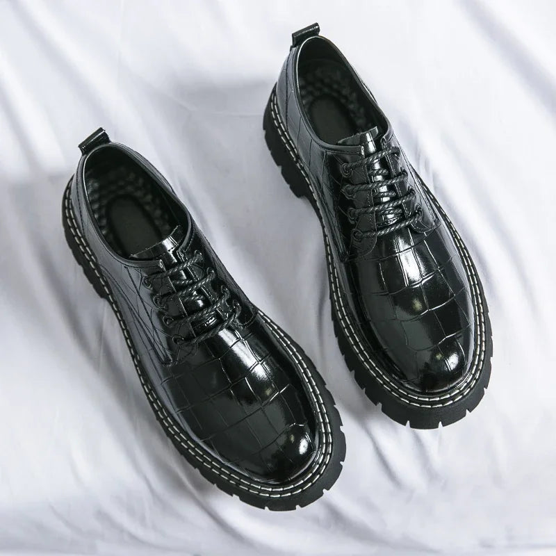 New Black Men Shoes Lace-up  Round Toe Stone Pattern Brown Gray Men Dress Shoes Size 38-46