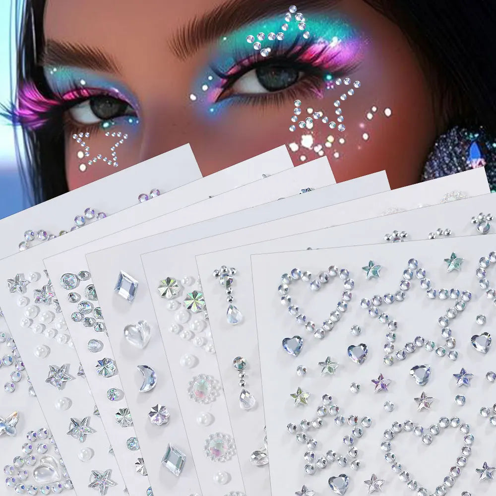 1Sheet 5D Mixed Shell Aurora Rhinestone Girl Face Stickers Hollow Star/Moon/Heart Self-Adhesive Cute Girl Make Up Diamond Decal - Sun Studio