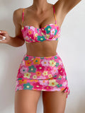 2023 Sexy Floral Print Three Pieces Bikini Set Push Up Swimwear Women Swimsuit Female Bikini And Beach Skirt Bathing Suit Beach - Sun Studio