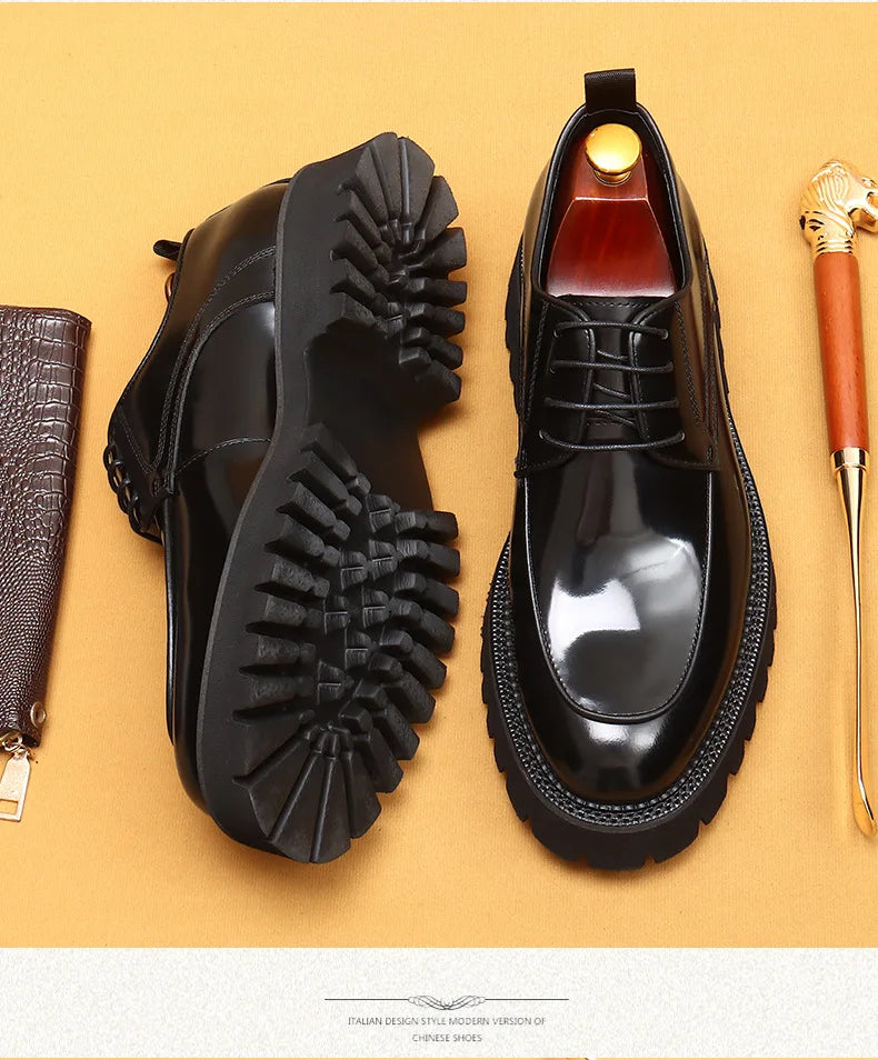 designer men's leather shoes with thick soles round toe glossy leather business dress shoes Waxed cowhide lace up British shoes - Sun Studio
