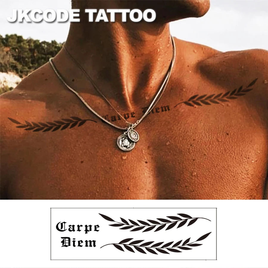 Waterproof Mehndi Design Semi-Permanent Tattoos, Retro Style Herbal Men's Neck Tattoo Stickers with Olive Leaf Totem, Temporary Tattoos for Chest and Back - Sun Studio