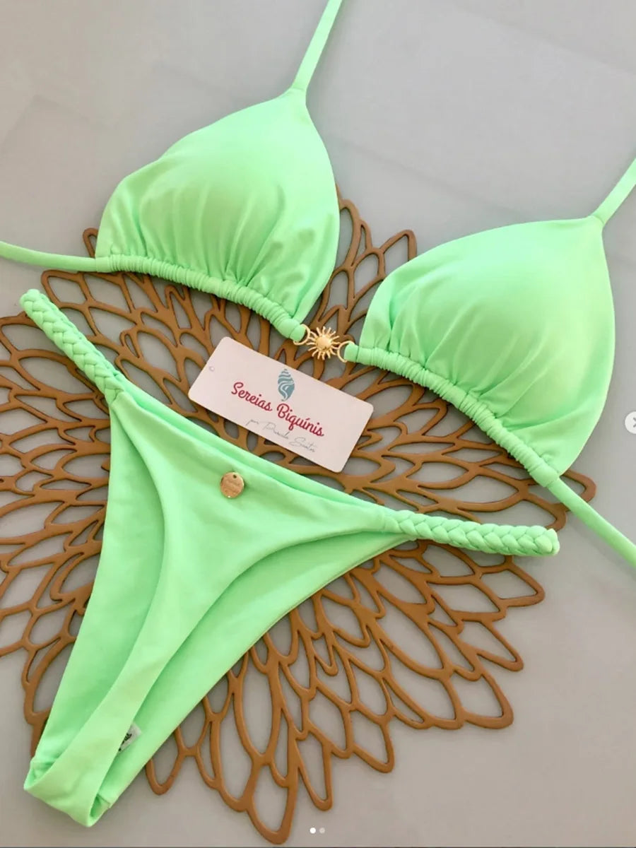 2026 Women's Bikini Swimsuit Women's Split Solid Color Lace-up Sexy Swimsuit 2-piece Set Micro Swimwear - Sun Studio