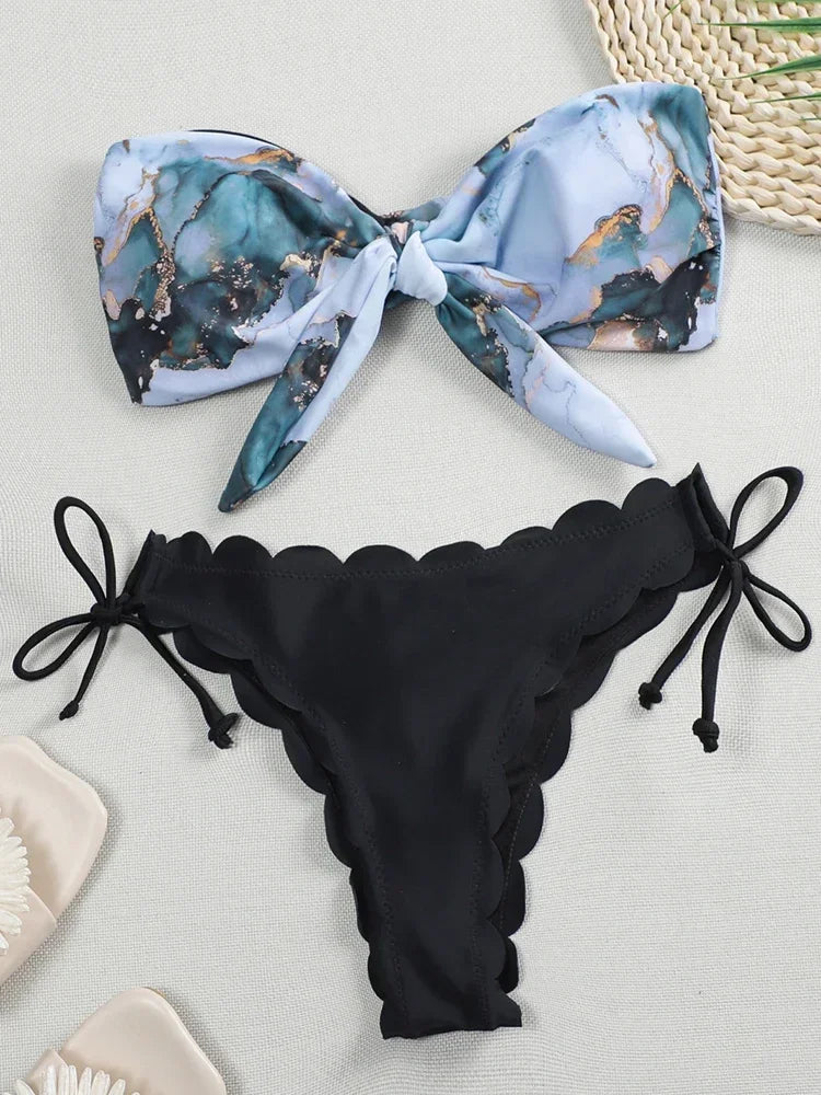 Sexy Scalloped Marble Print Bikini Women Bandeau Swimwear Female Swimsuit Two-pieces Bikini set Knotted Bather Bathing Suit Swim - Sun Studio