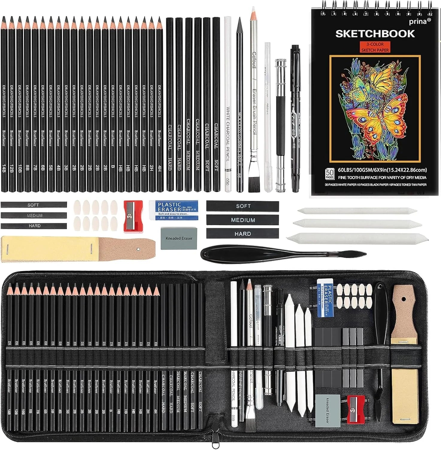 14/18/29/38/44/64 PCS Drawing Set Sketching Kit,Sketch Pencils Art Supplies with Graphite,Charcoal,Blending Tools & Accessories - Sun Studio