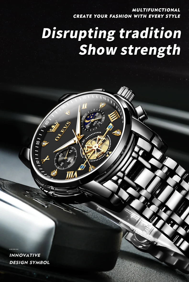 OLEVS Men's Watches Classic Multifunctional Flywheel Design Stainless steel Waterproof Moon Phase Men's Wristwatches 2024 Trend - Sun Studio