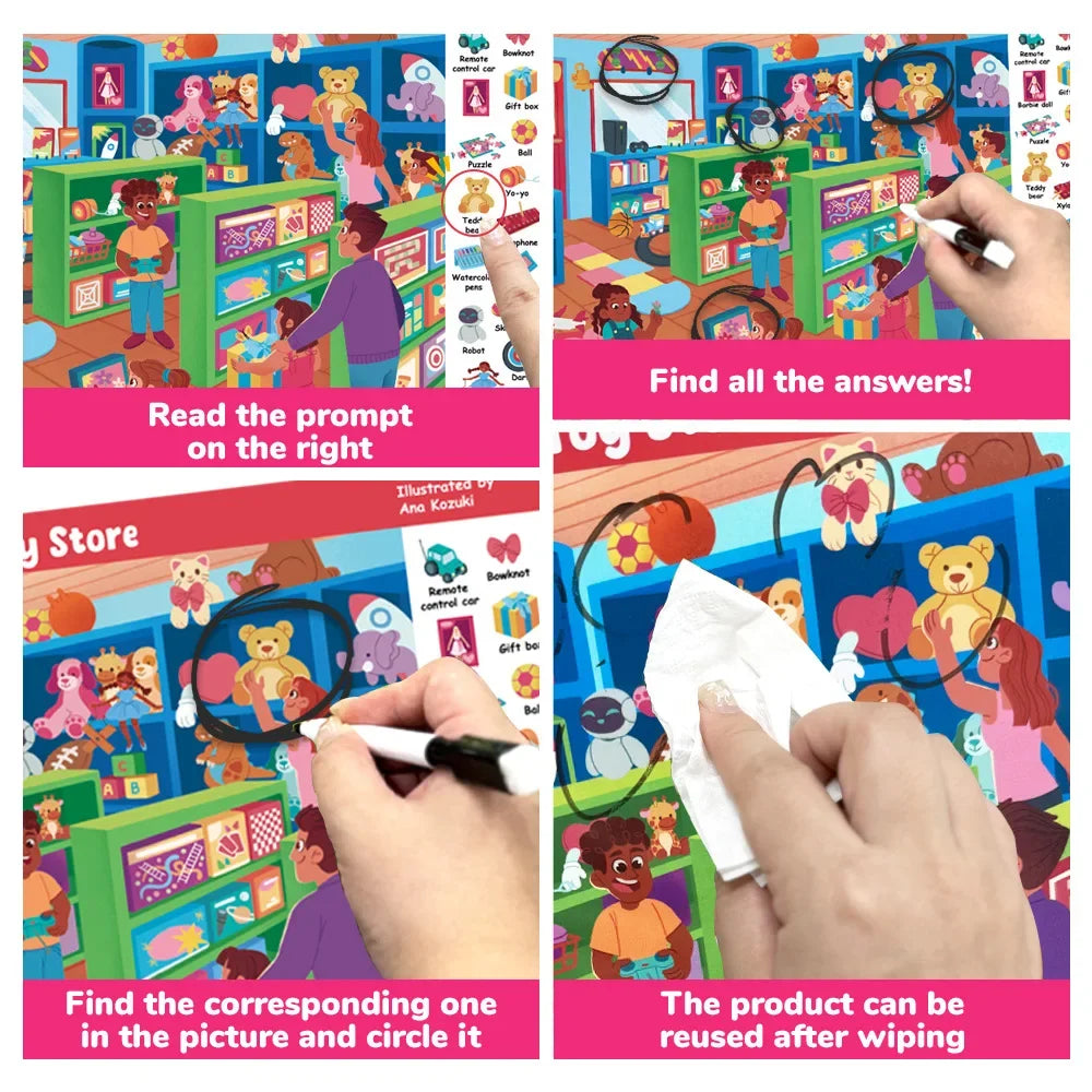 Search and Find Game Looking for Different 3 Themes Interactive Activity Painting Kit Drawing Books with Reusable Pen - Sun Studio
