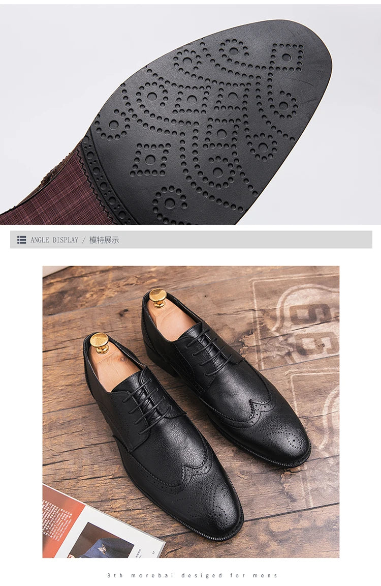 Lace-up casual leather shoes Men's wedding carved Brogues men's formal business pointed shoes Groom's leather shoes - Sun Studio