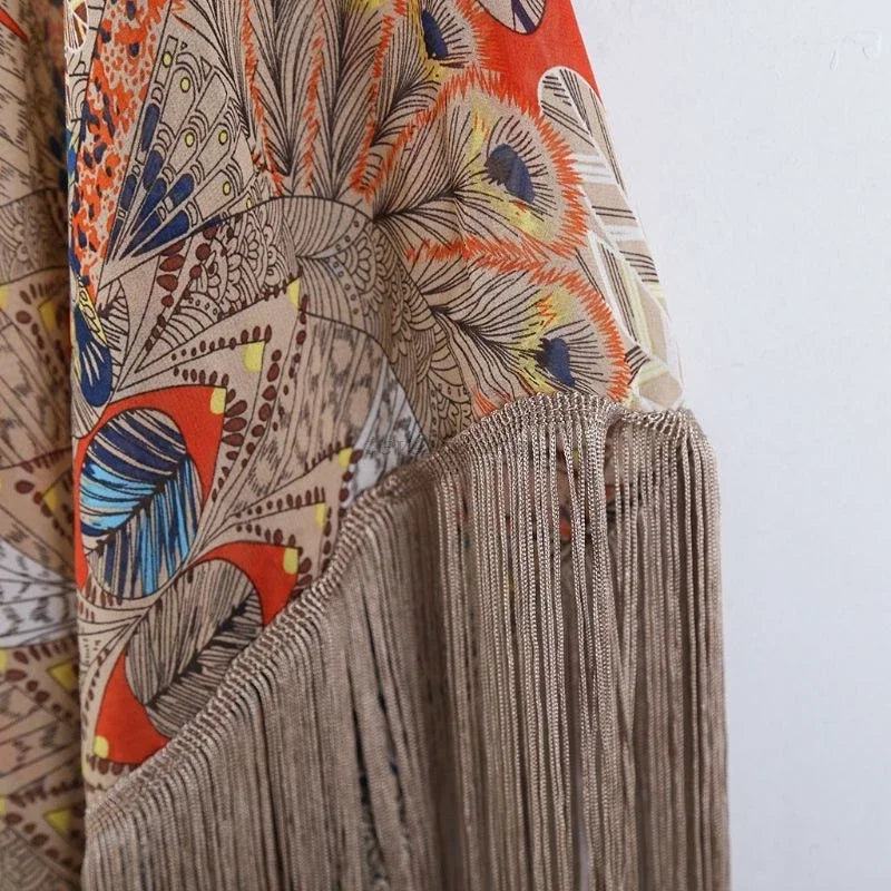 2021 Retro Printed Half Sleeve Cardigan Kimono Boho Fringed Tassels Cover Up Ankle Length Cape Beach Swimsuit - Sun Studio