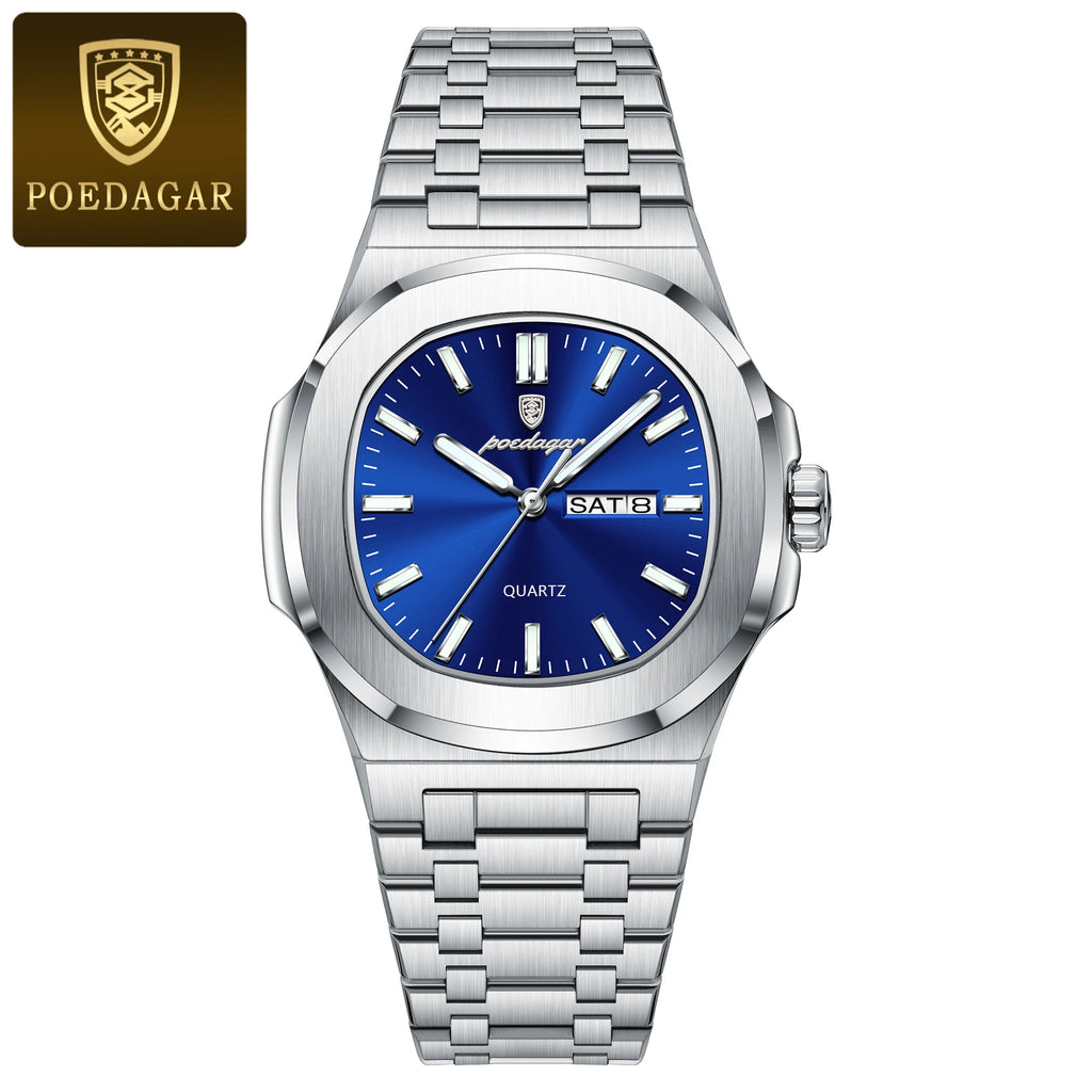 POEDAGAR Luxury Square Men's Watches Waterproof Luminous Date Week Men Watch Stainless Steel Fashion Quartz Man Wristwatch Reloj - Sun Studio