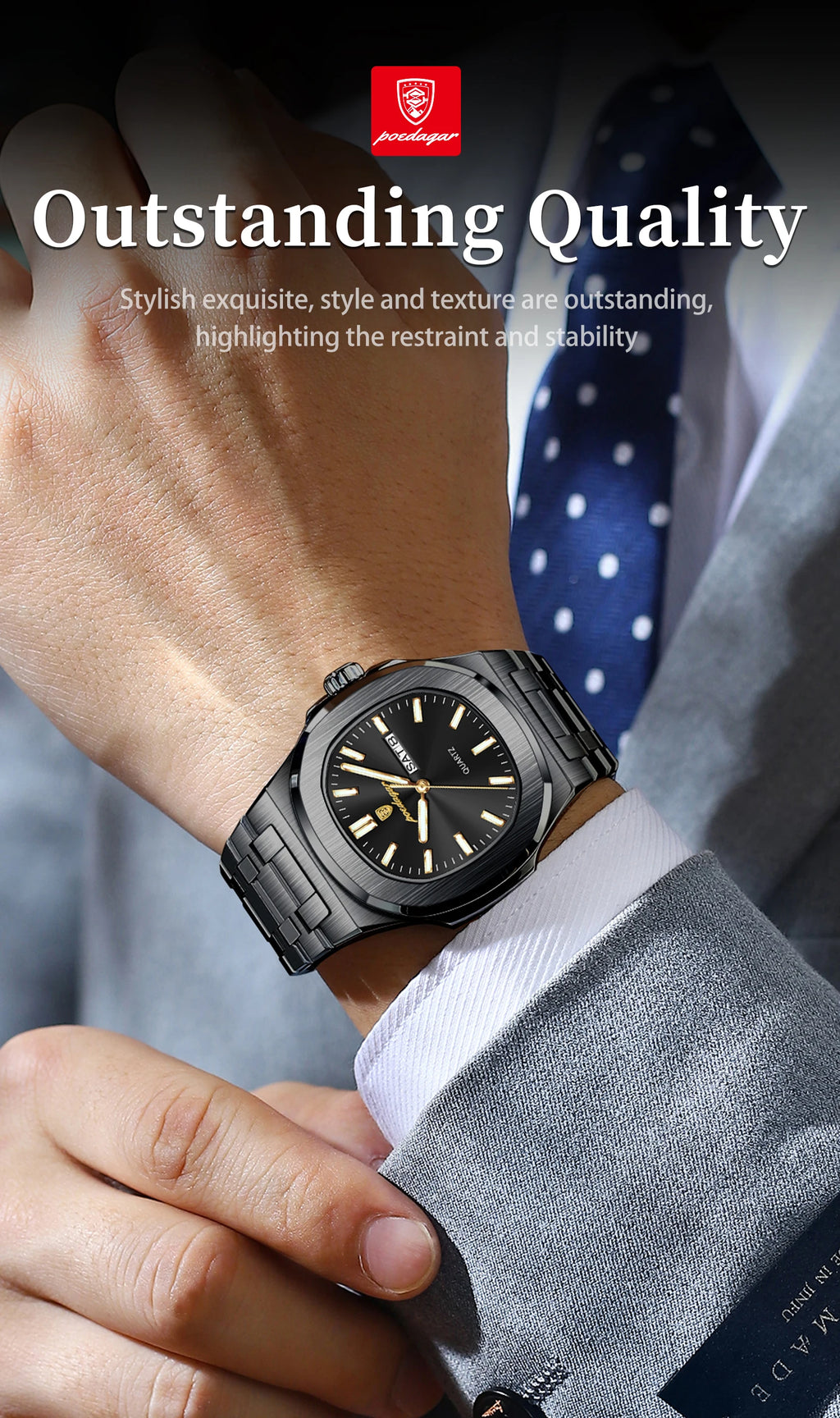 POEDAGAR Luxury Square Men's Watches Waterproof Luminous Date Week Men Watch Stainless Steel Fashion Quartz Man Wristwatch Reloj - Sun Studio