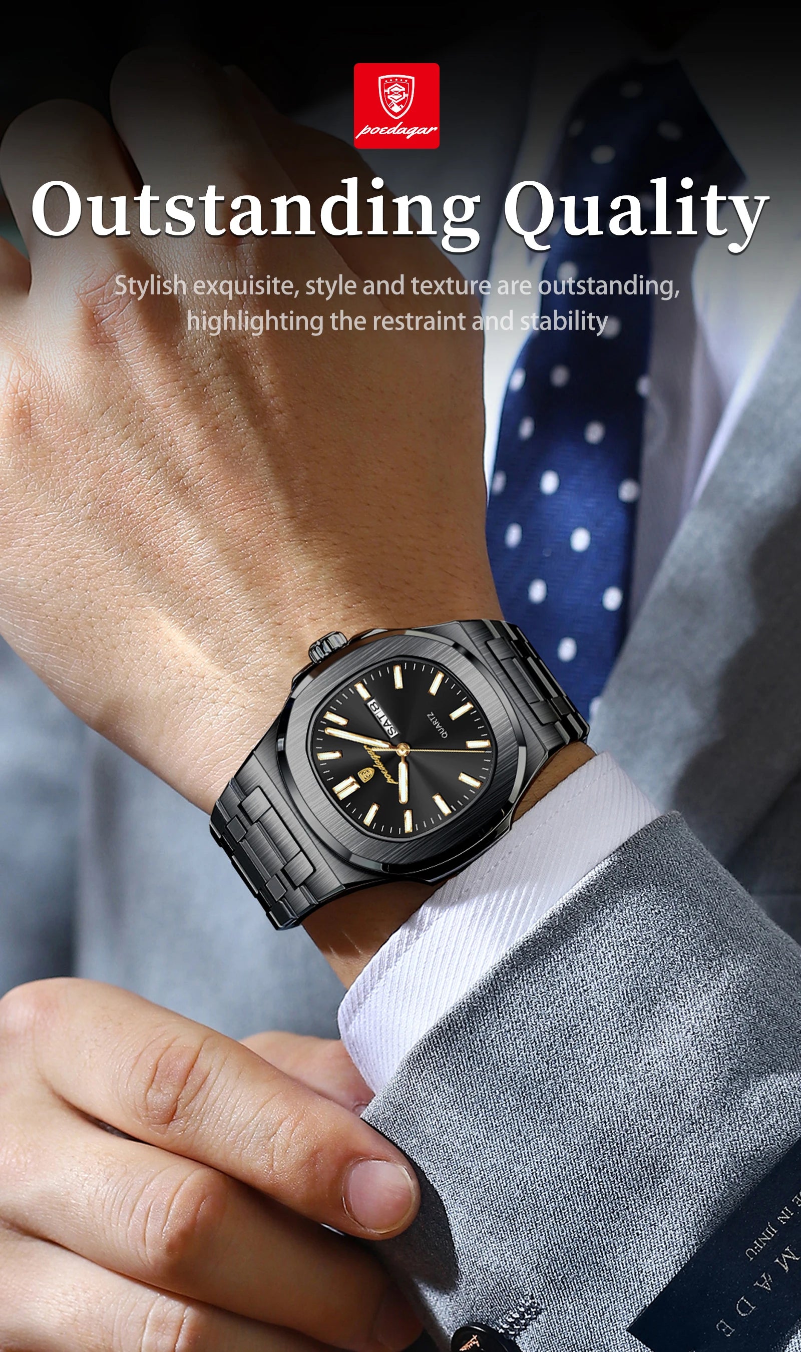 POEDAGAR Luxury Square Men's Watches Waterproof Luminous Date Week Men Watch Stainless Steel Fashion Quartz Man Wristwatch Reloj - Sun Studio