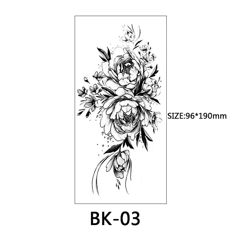 Rose Blossom Tattoo Temporary Waterproof Butterfly Fake Tattoo for Woman Black Flower Sketch Tattoo Sticker - Sun Studio