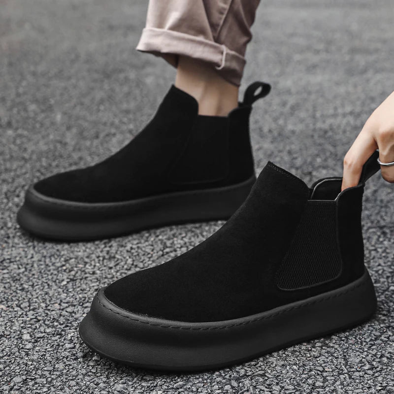 Fashion Brand Men Genuine Leather Mid Top Boots with British Style Autumn Winter Men Anti Slip and Wear-resistant Chelsea Boots - Sun Studio