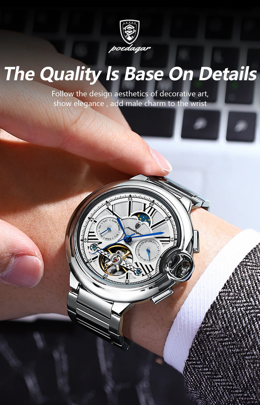 POEDAGAR Luxury Male Watch Business Date Week Stainless Steel Tourbillon Men Clock Waterproof Automatic Mechanical Men's Watches - Sun Studio