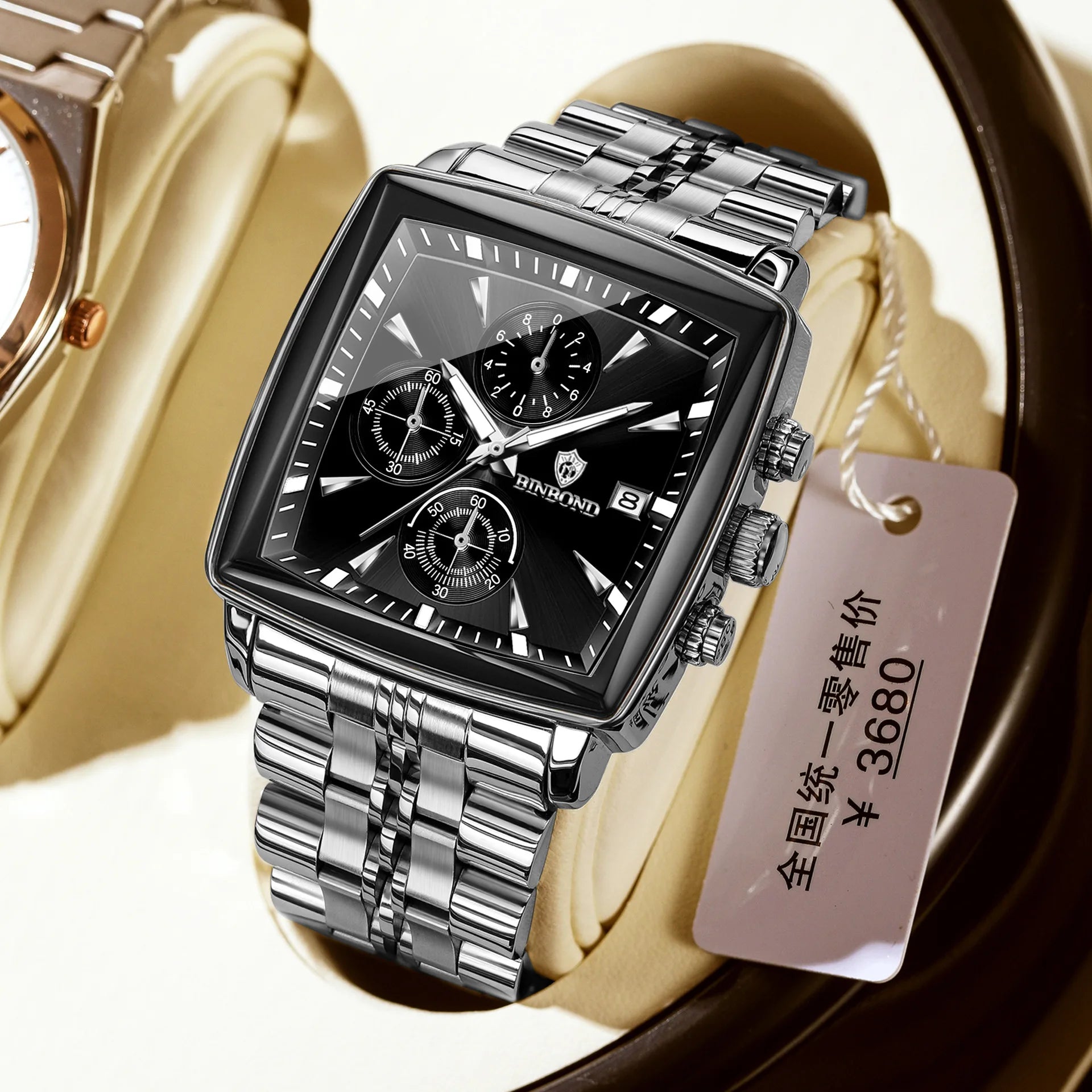 Square Men Chronograph Multifunction Watches Date For Male Clock Quartz Stainless Steel Band Wrist Watches Men Trendy Fashion - Sun Studio