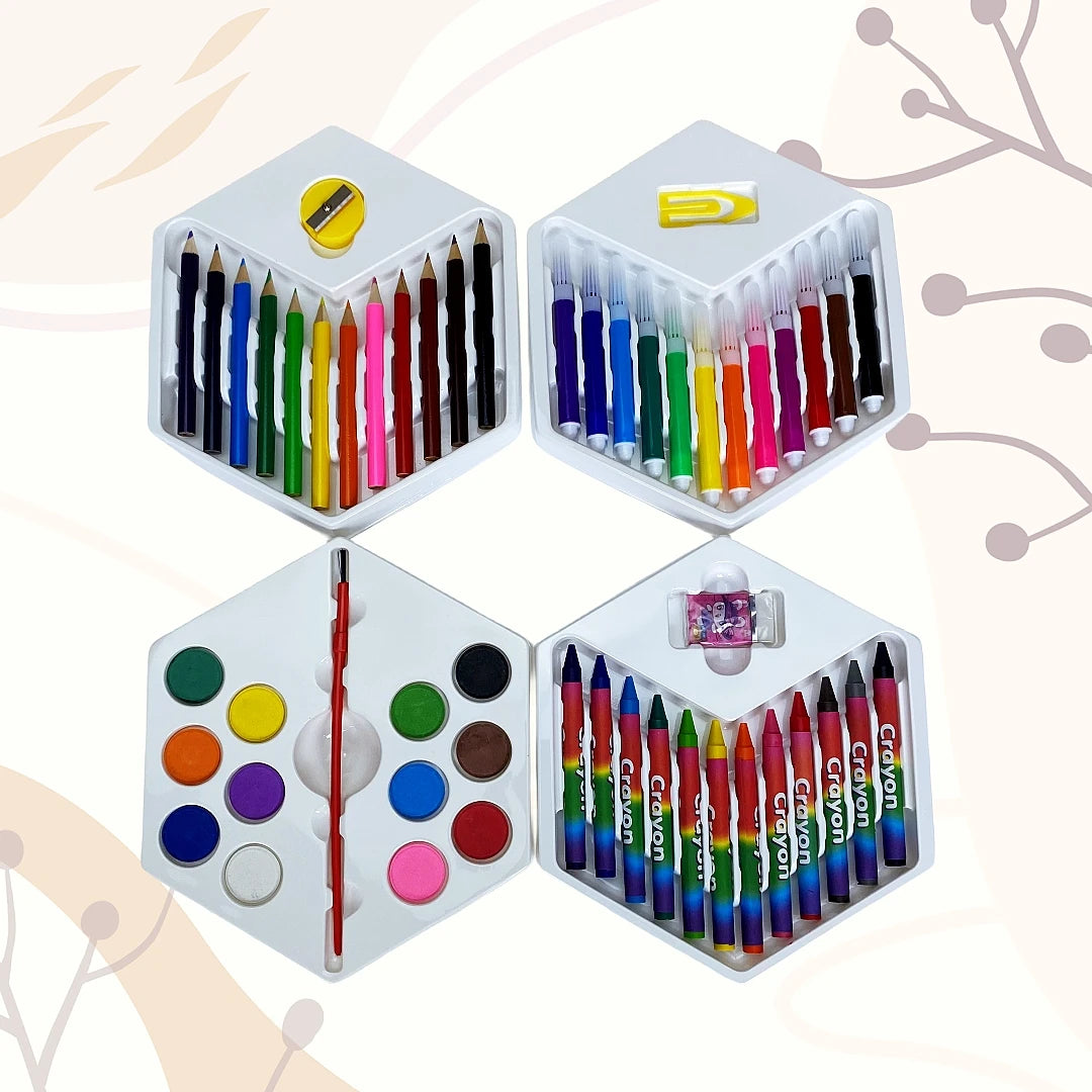 53pcs Multilayer Cartoon Art Pencil Set Kids Painting Set Hexagon Color Box Pencil Drawing Art Set - Sun Studio