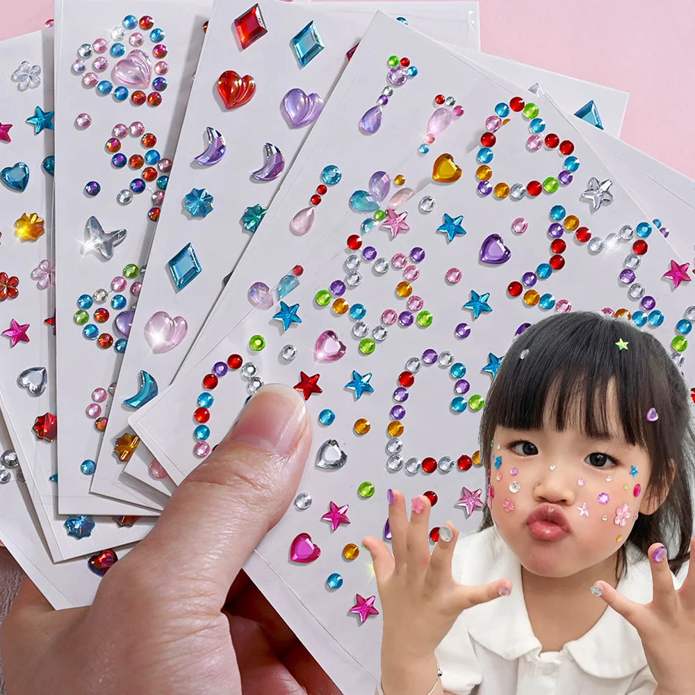 1Sheet 5D Mixed Shell Aurora Rhinestone Girl Face Stickers Hollow Star/Moon/Heart Self-Adhesive Cute Girl Make Up Diamond Decal - Sun Studio