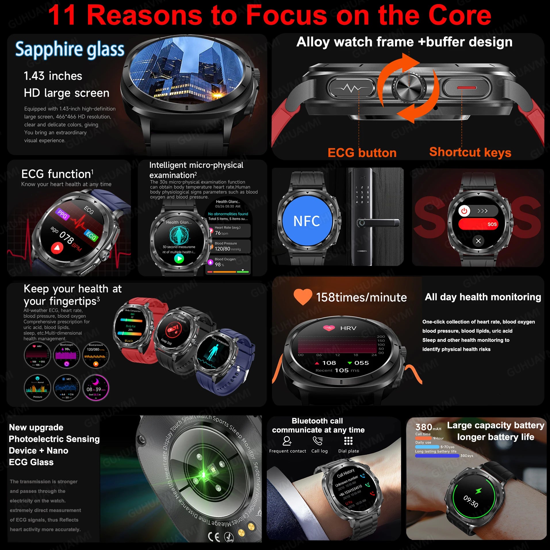 New ECG Laser Diagnosis Blood pressure Smart Watch Accurate Uric Acid Lipid Organ monitor Clock NFC Call Health Men Watches 2025 - Sun Studio