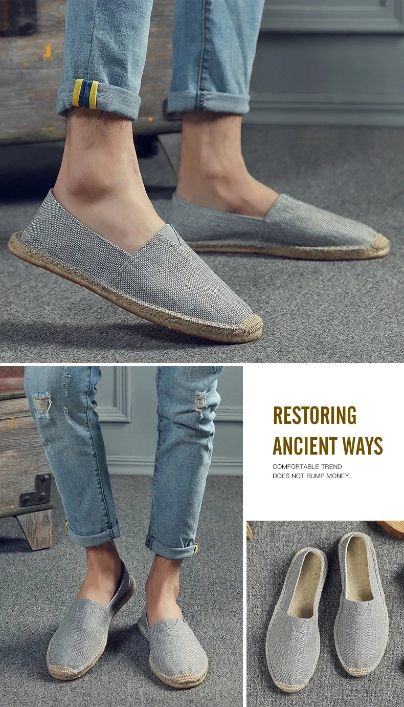 Women Sewing Flax Shoes Slip on Loafers Casual Shoes Man Espadrilles Hemp Canvas Flat Shoes Plus Size Fisherman Driving Footwear
