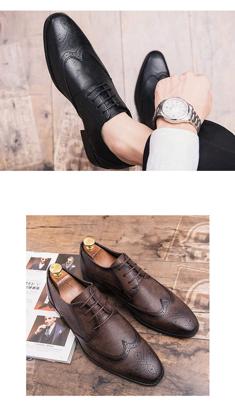 Lace-up casual leather shoes Men's wedding carved Brogues men's formal business pointed shoes Groom's leather shoes - Sun Studio