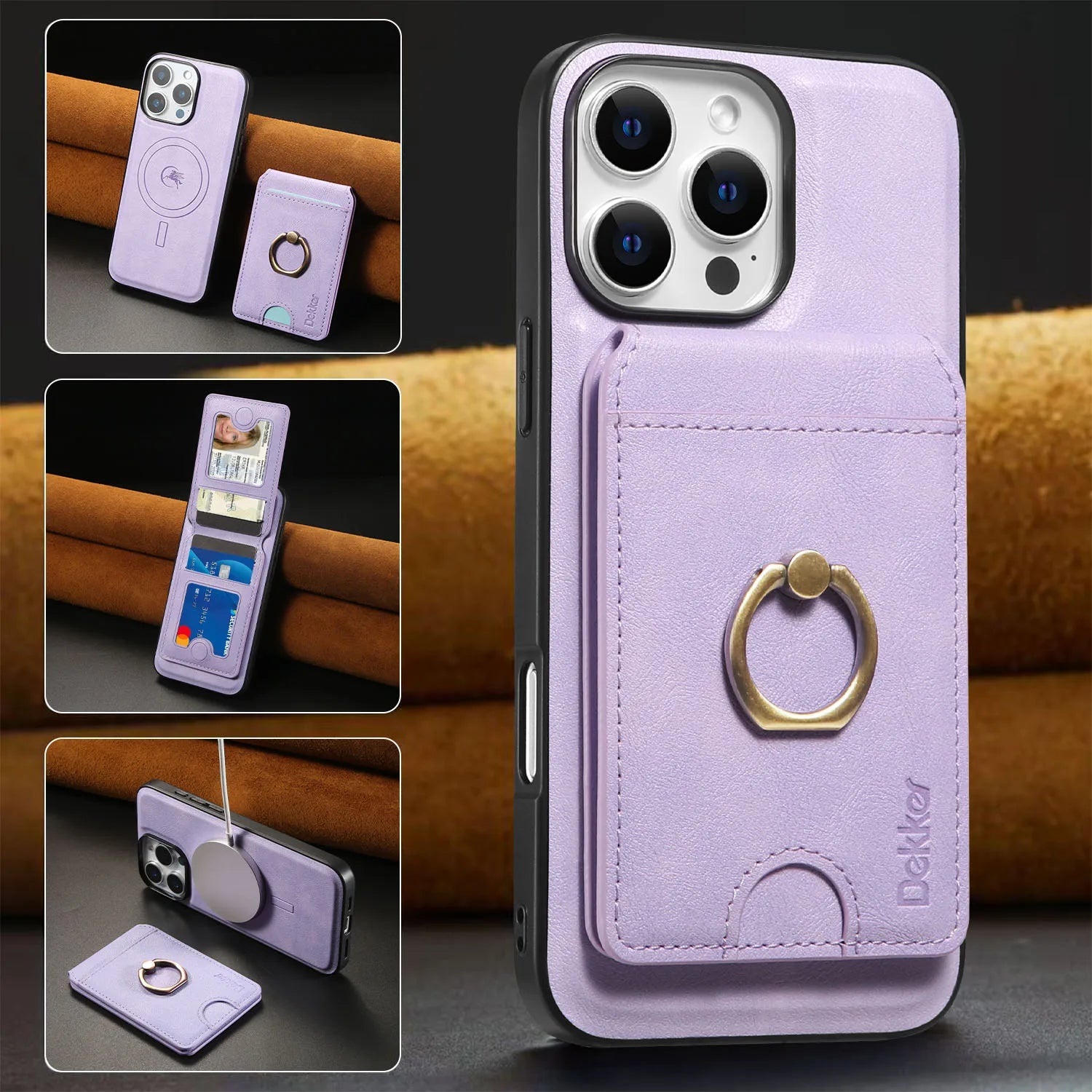 2 in 1 Detachable Vertical Cards Solt Ring Holder Wallet Leather Case For iPhone 16 Pro Max 15 Plus 14 13 12 Magnetic Bag Cover - Sun Studio