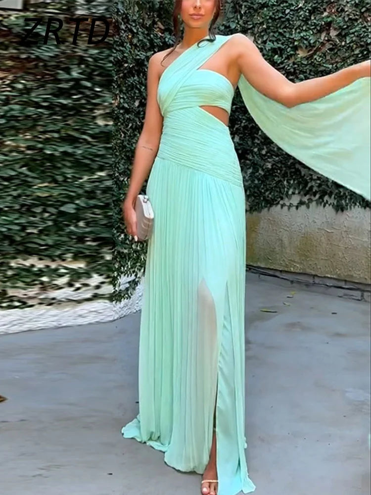 Elegant Hollow Out Ribbon Long Party Dress Women Pleated Spliced Sleeveless Backless Dresses 2025 Summer Lady Beach Holiday Robe - Sun Studio