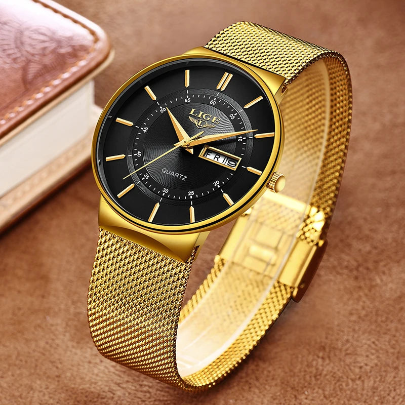 LIGE 2024 Montres de luxe pour hommes Étanche Ultra Mince Date Horloge Homme Bracelet en acier Montre à quartz décontractée Hommes Montre de sport Homme