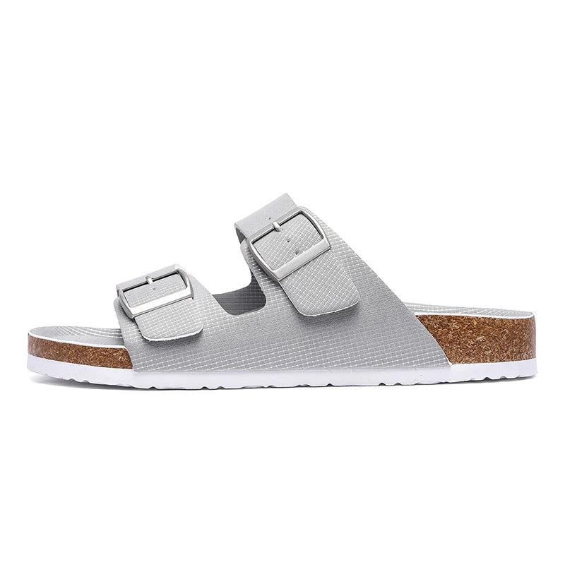 Summer Men Cork Slippers Slides Clogs Casual Slip On Sandals Double Buckle Women Microfiber Leather Unisex Big Size 47 48 49 - Sun Studio
