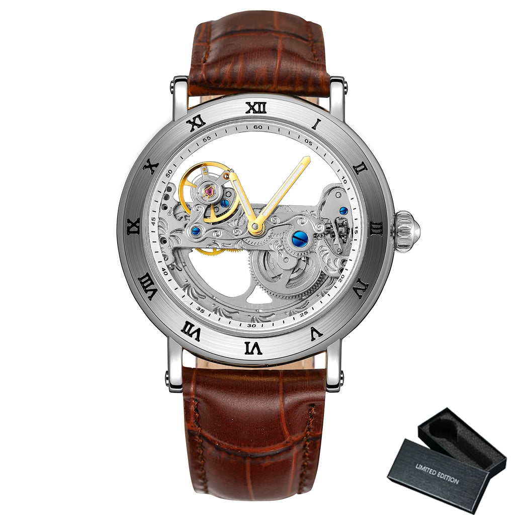Forsining Silver Skeleton Automatic Watch Men Luminous Hands Business Retro Golden Bridge Mechanical Watches Steel Leather Strap - Sun Studio